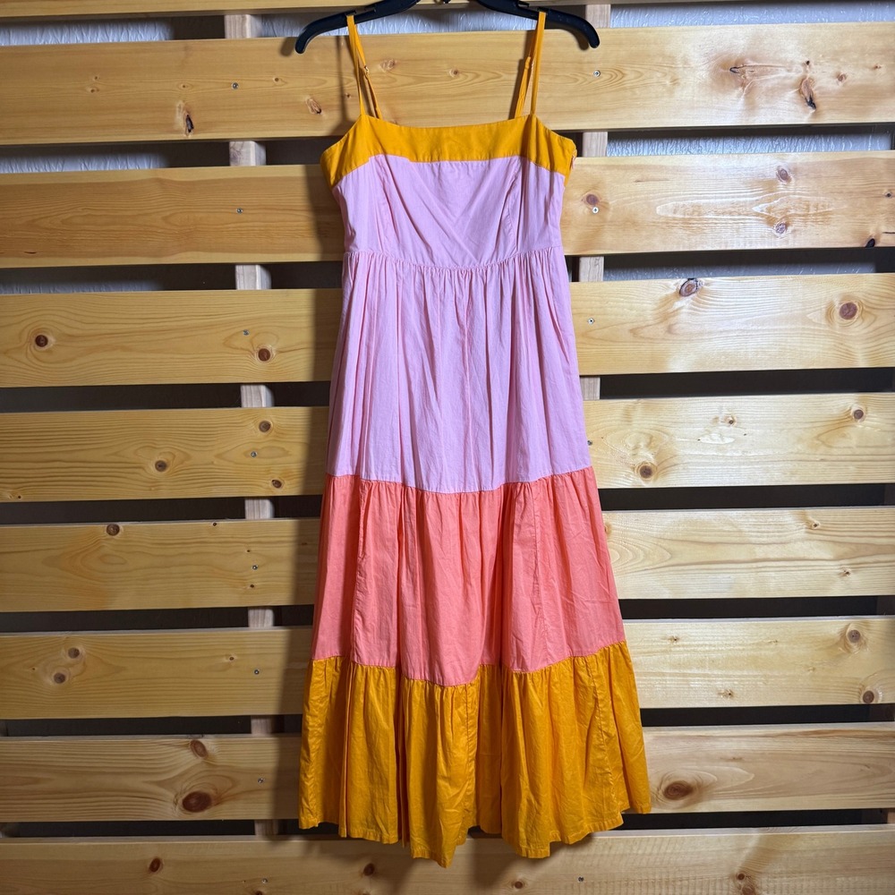 J.Crew Tiered Midi Dress Women 4 Pink Orange Yellow Color Block Smocked Back